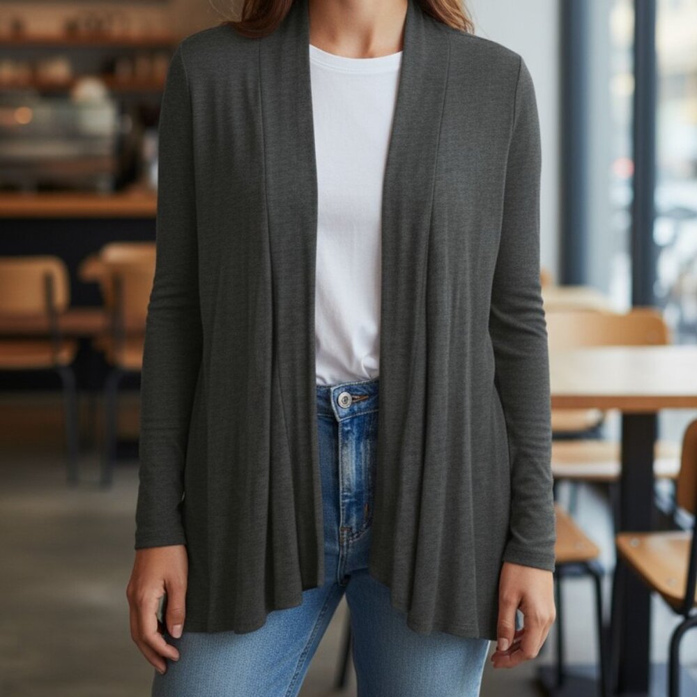 J.M. Fleurette Charcoal Grey Open Front Cardigan - Medium